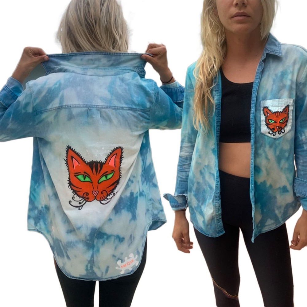 HAND PAINTED cat and tie dye soft denim jacket